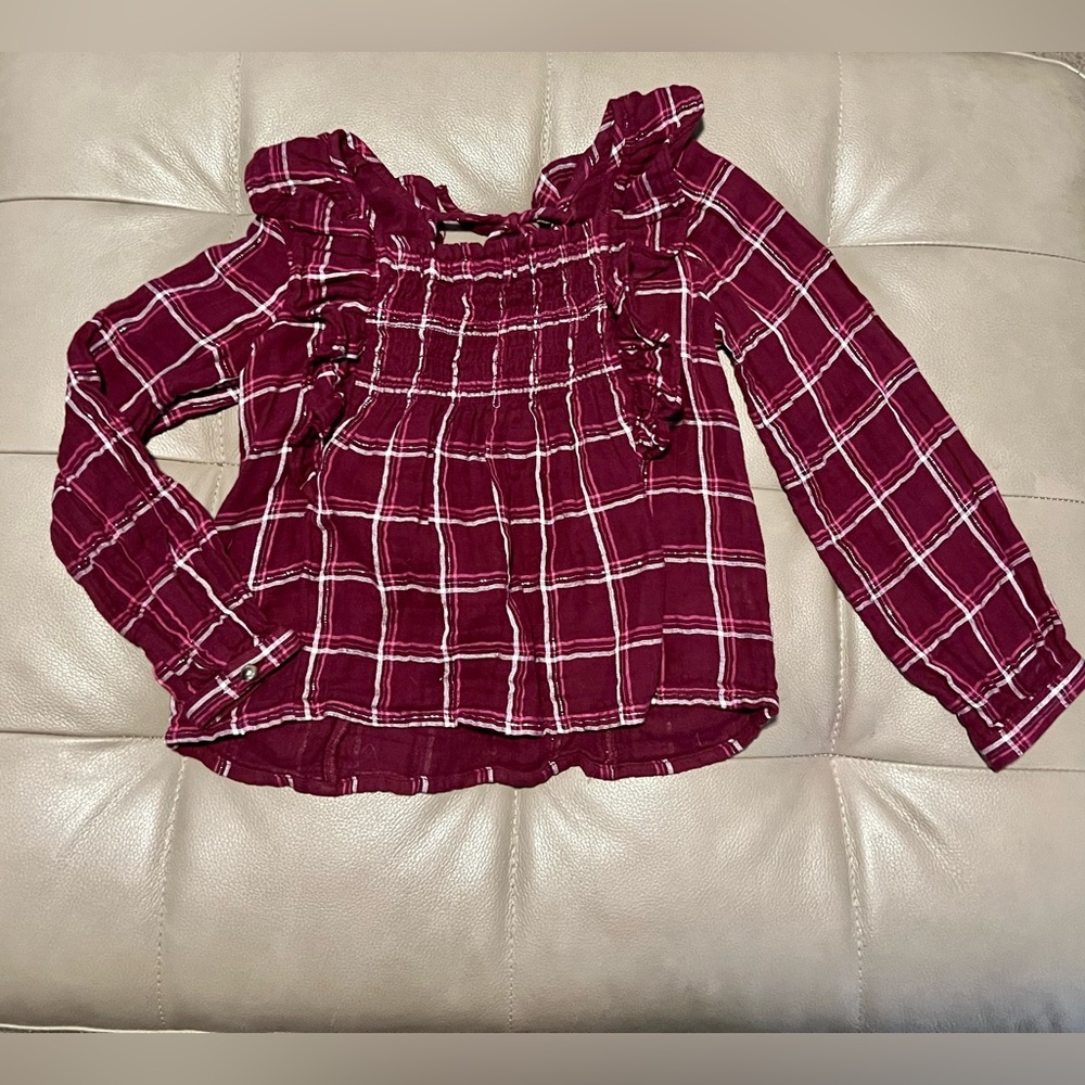 Justice Girls 6 Long Sleeve maroon smocked plaid ruffle top blouse